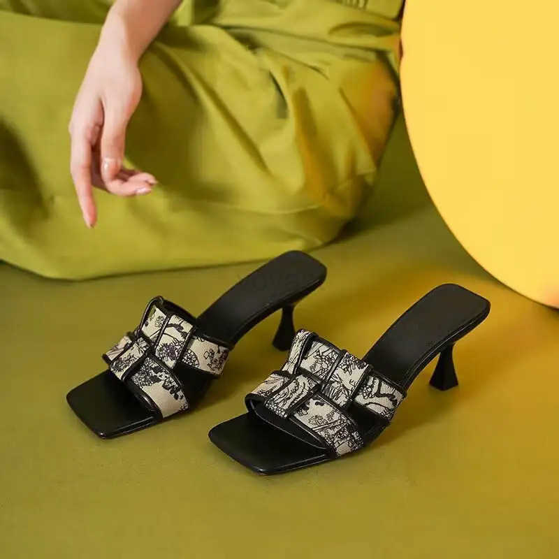 Black French Wens Sandals Wens 2024 New Summer Slippers High H To Wear Fi Printed Flip-flops Soft Leather Z250304