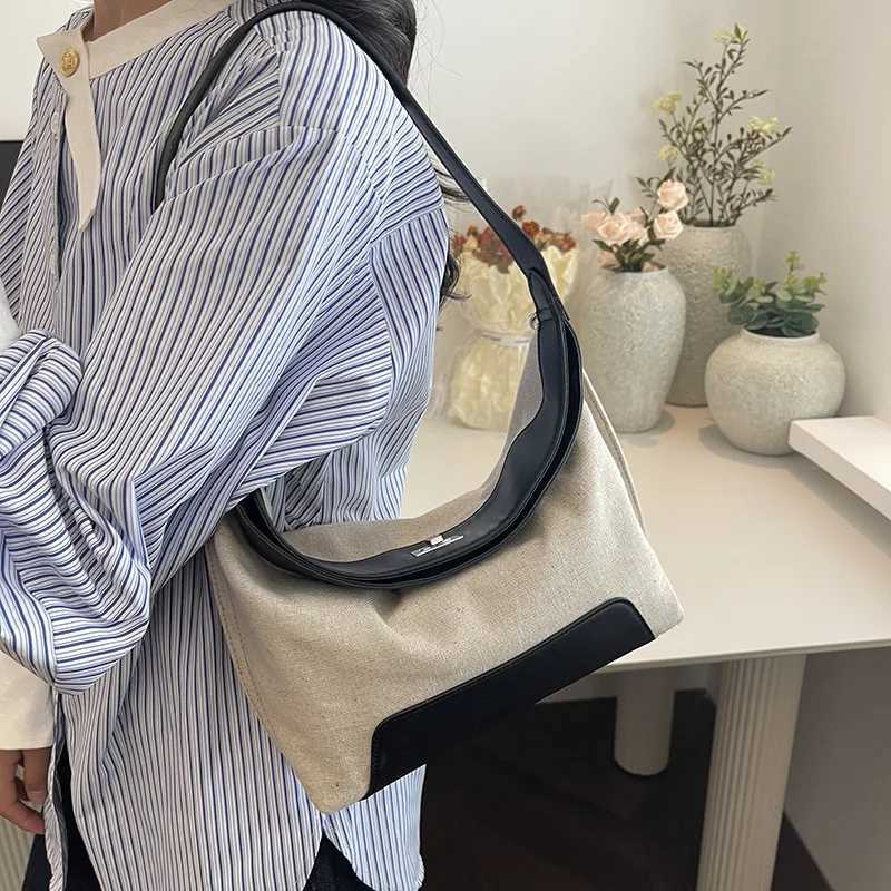 Brand Designer PU Leather and Canvas Patchwork Womens Shoulder Bag Retro Lock Crossbody Bag Hobos Handbag Y250303