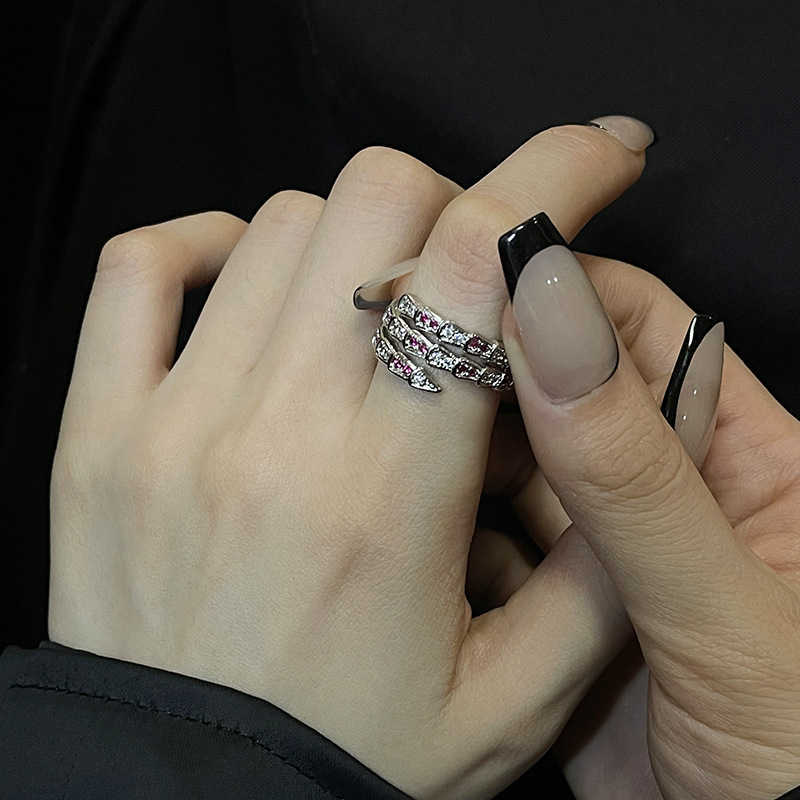 Couple Rings Stacked red heart-shaped zircon open ring for women with a niche design index finger ring high-end temperament snake bone ring H25303