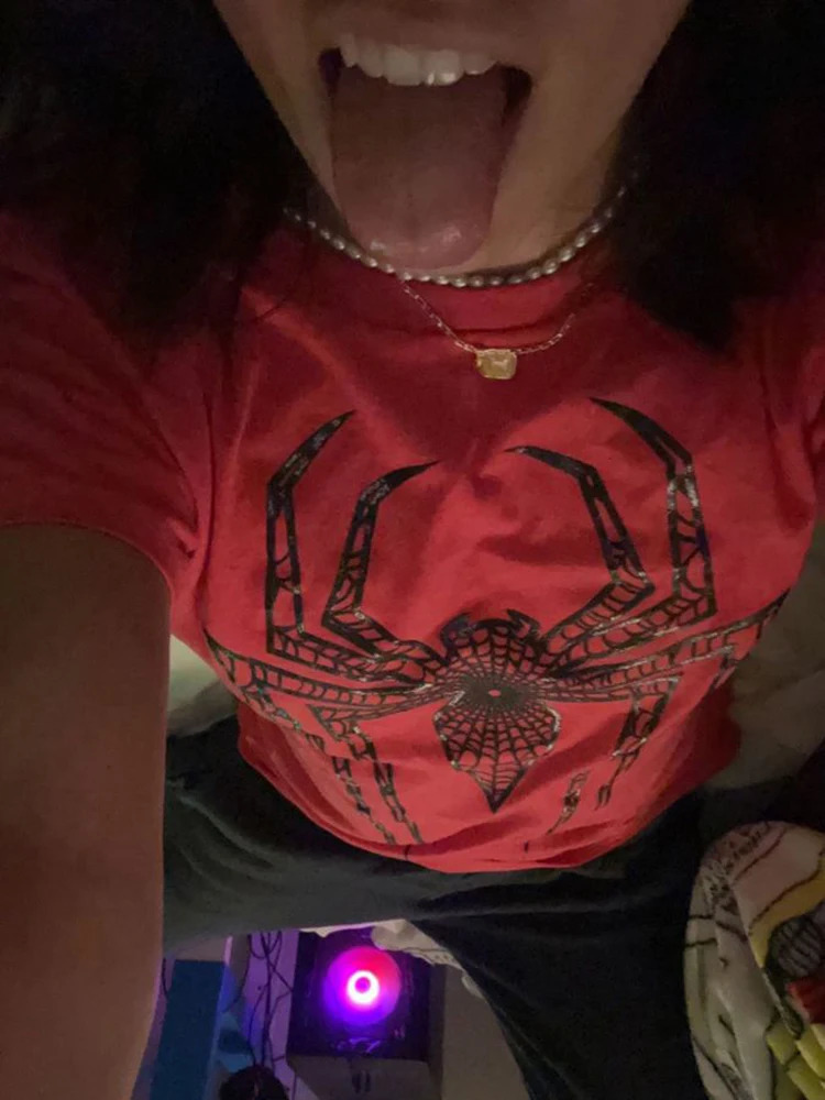 Spider Print Graphic Women Tee Streetwear Vintage Letter Crop Summer Casual Trash Basic Goth Slim Short Sleeve T-Shirt emo 250303