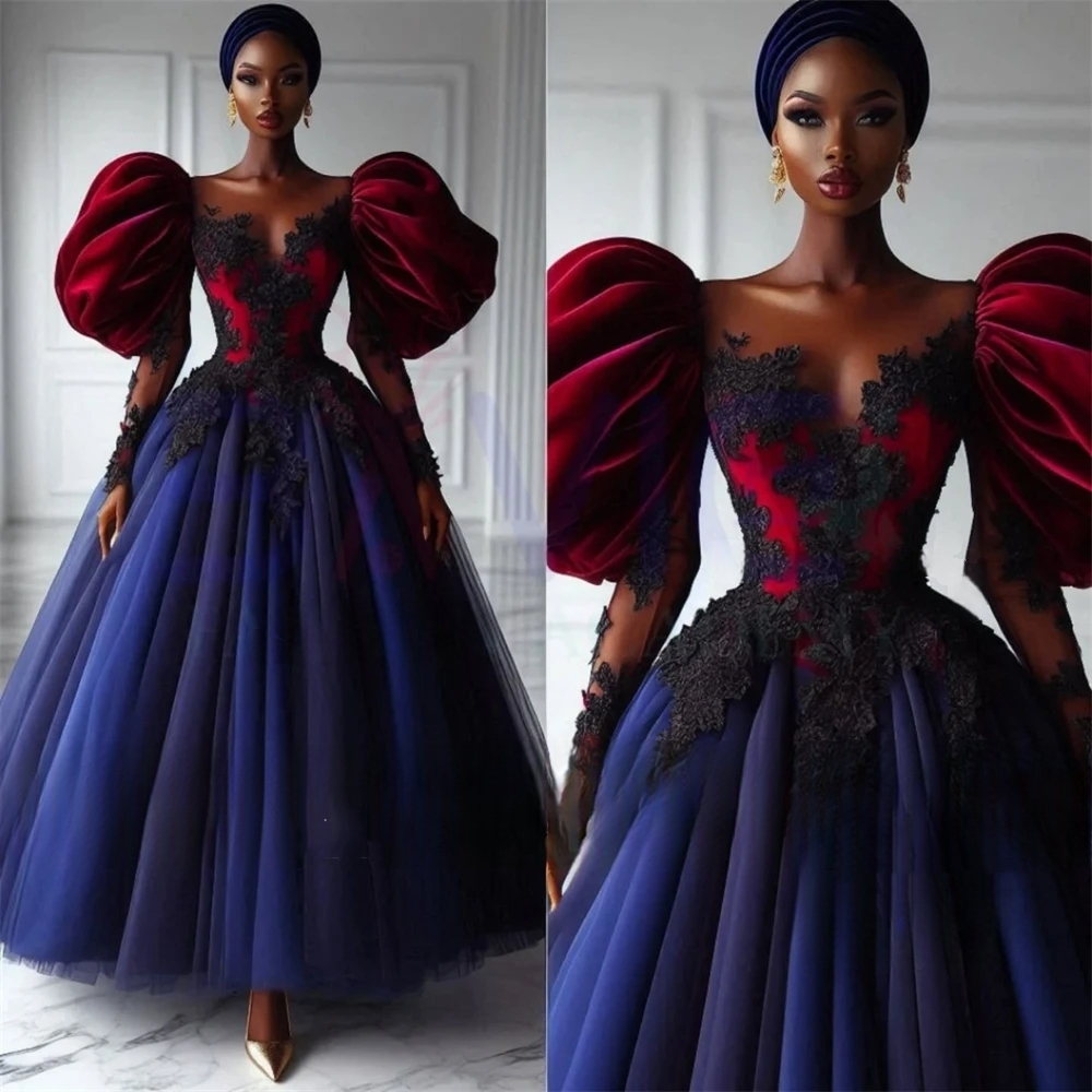 2025 African Stylish Prom Dresses Ankle Length Lace Appliques A-Line Burgundy And Navy Vintage Evening Gowns Puff Long Sleeves Aso Ebi Pageant Party D
