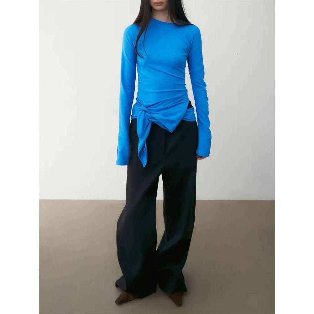 Women Irregular Long-Sleeved T-Shirt Round Neck Casual Autumn Lady Slim Blue White Black Lace-Up Tshirt Top