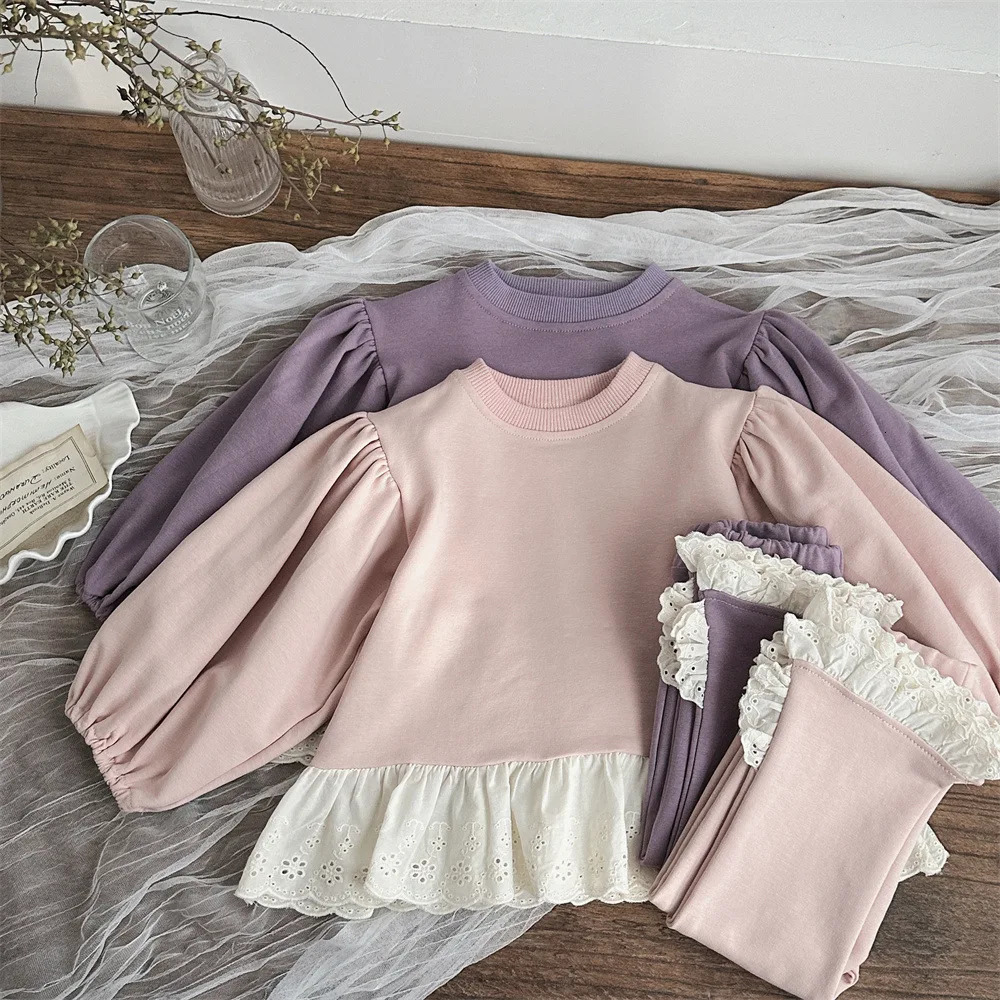 Spring Baby Girl Long Sleeve Clothes Set Cute Lace Sweatshirt And Pants 2pcs Suit Infant Versatile Casual Outfits 250304