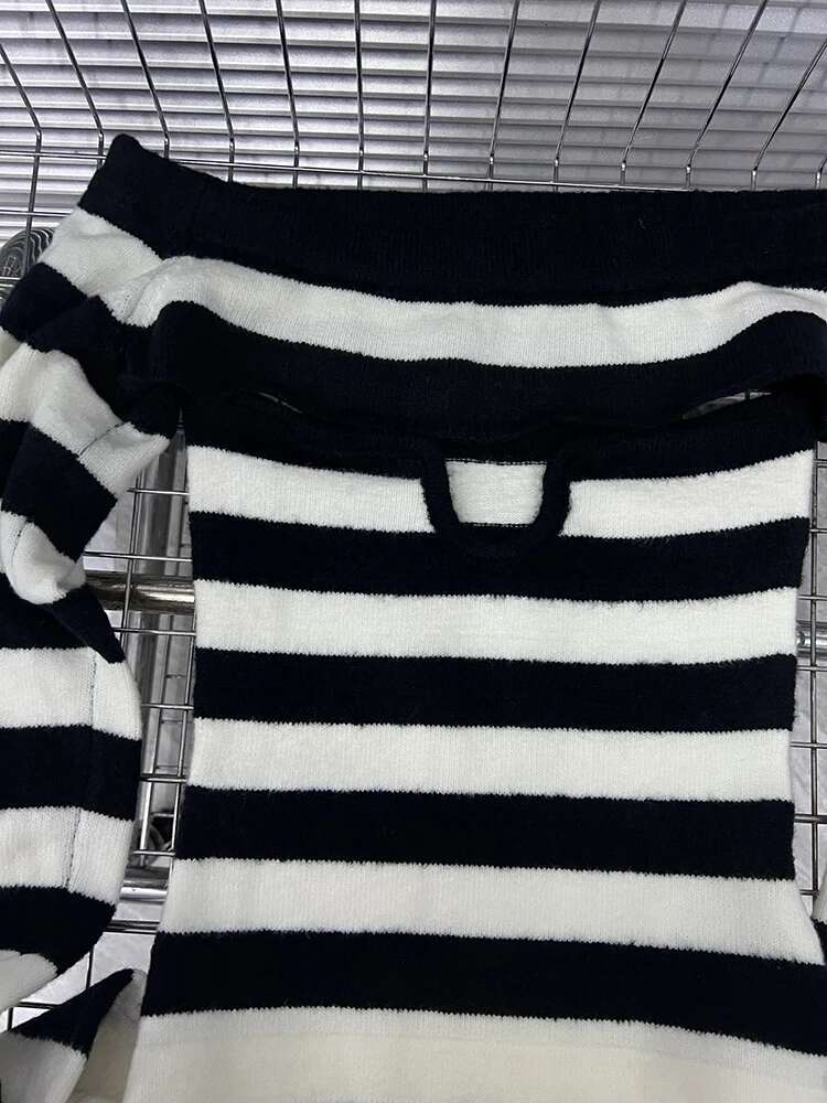 Women's Fashion Striped Contrast Color Two-Pieces Set Stretch Strapless Long Sleeve Knit Tops 2025 Spring New 33A2346