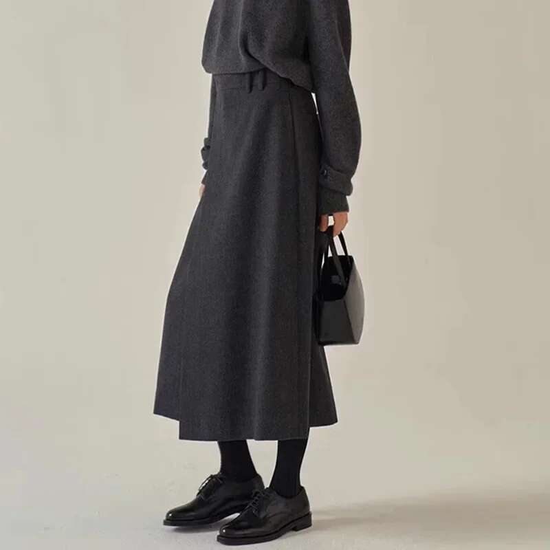 Women New Autumn And Winter Niche Mid-Length High-Waisted 100% Wool A-E Midi Skirt