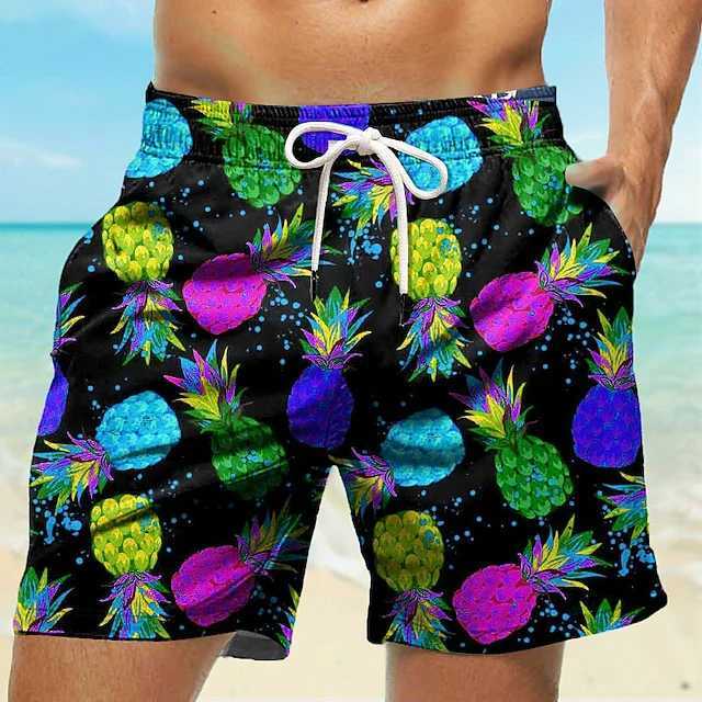 Mens Board Shorts Pineapple 3D Print Shorts Swim Trunks Drawstring Summer New Quick Dry Short Holiday Beach Hawaiian ShortsT250304