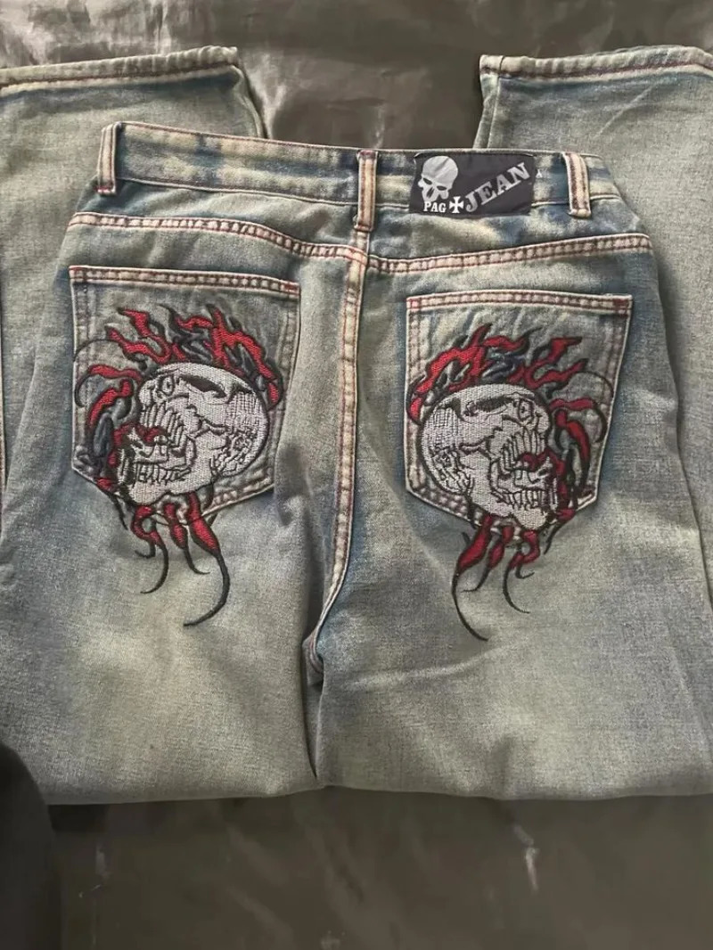 2025 Explosions Skull Embroidered Jeans Y2K Street Hiphop Men and Women with The Same Trend Couples Casual Loose Pants 250227