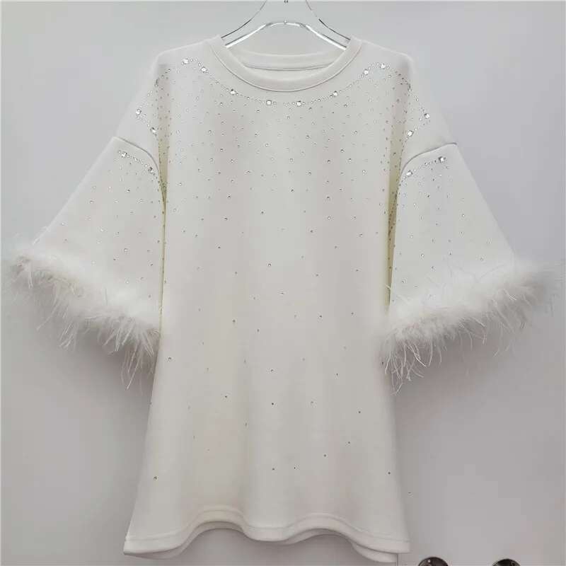 Heavy Industry Hot Dia Feather Splicing Half-Sleeve Large Edition T-Shirt Women's 2025 New Fashion Loose Short Sleeve Top