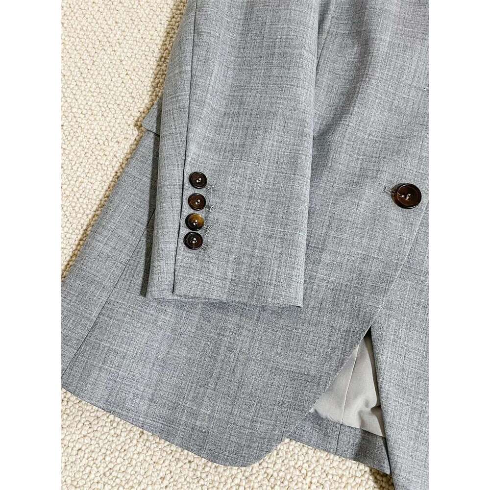 Women Gray Beading Chain Set Herringbone Patterned Single Breasted Blazer Vest Or Straight Long Pants Lady Casual Suit