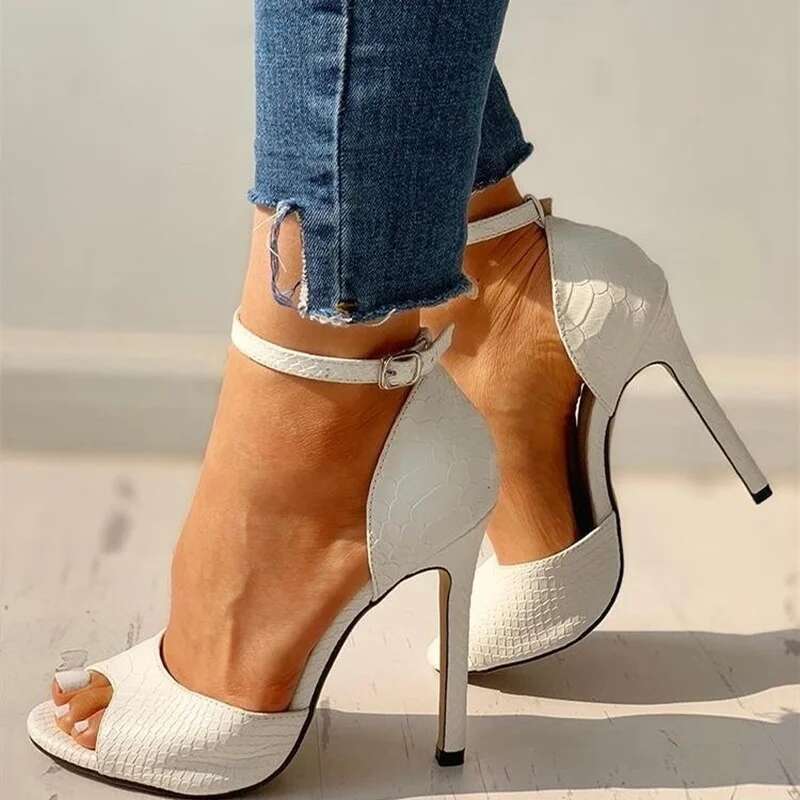 High Heel Sexy Dress Wedding Shoes Women Ankle Strap Peep Toe Heel Sandals White Super High Heels Buckle Snake Pattern Woman Pumps