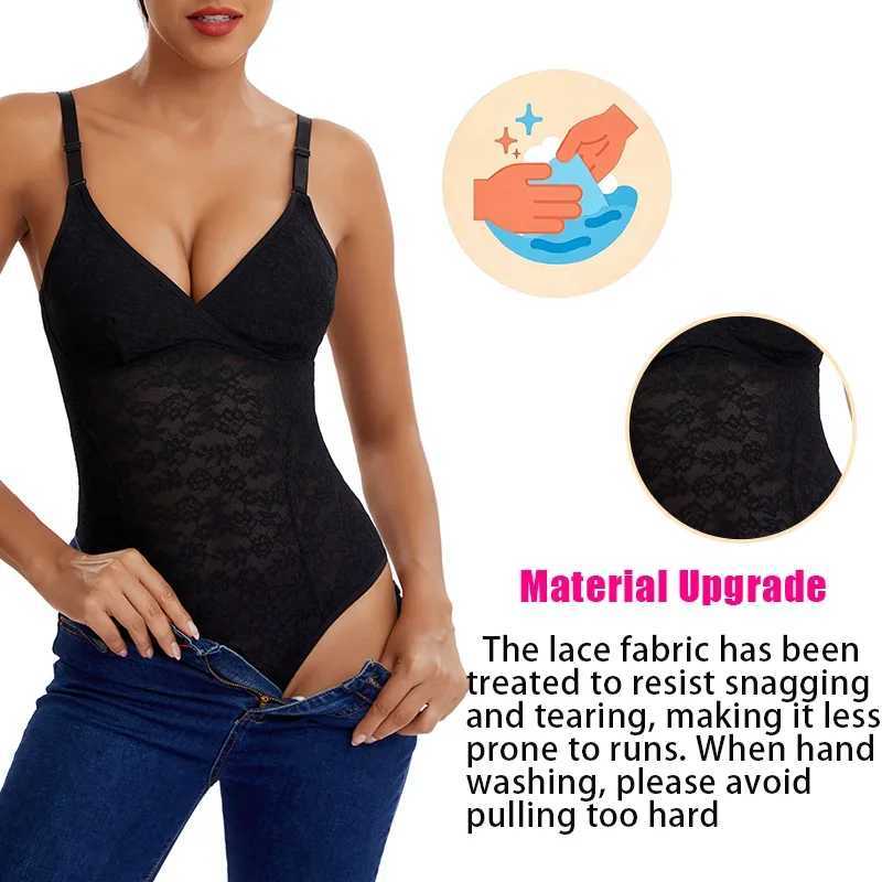V-Neck Lace Thong Bodysuit Women Sexy Shapewear Top Tummy Control Waist Trainer Body Shaper Removable Chest Pad Slimming CorsetXJ250304