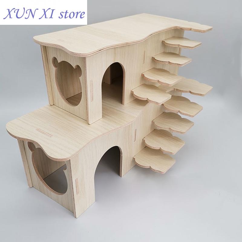 New Hamster Wooden Hideout Dwarf Hamster Hut with for Windows Small Animal Detachable House Habitat Decor for Hosehold Pets