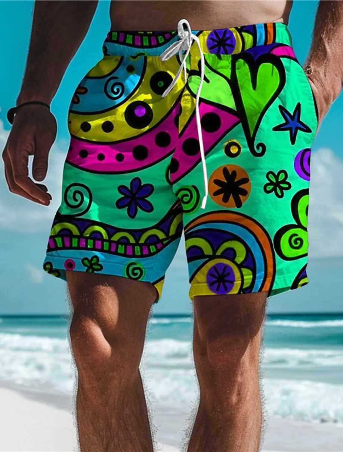 Graffiti Mens Resort 3D Printed Board Shorts Fashion Swim Trunks Elastic Waist Drawstring Hawaiian Style Holiday Beach ShortsT250304
