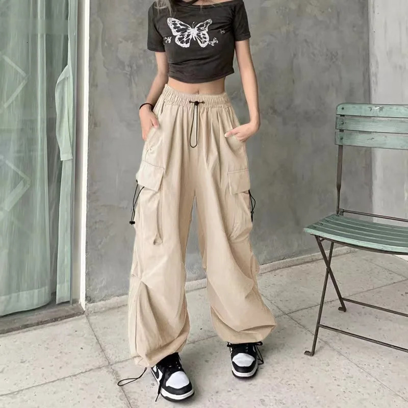 Back to School Womens American Hip-Hop Wide-Leg Large Pockets Drawstring Work Pants High Street Casual Sports Pants 250303