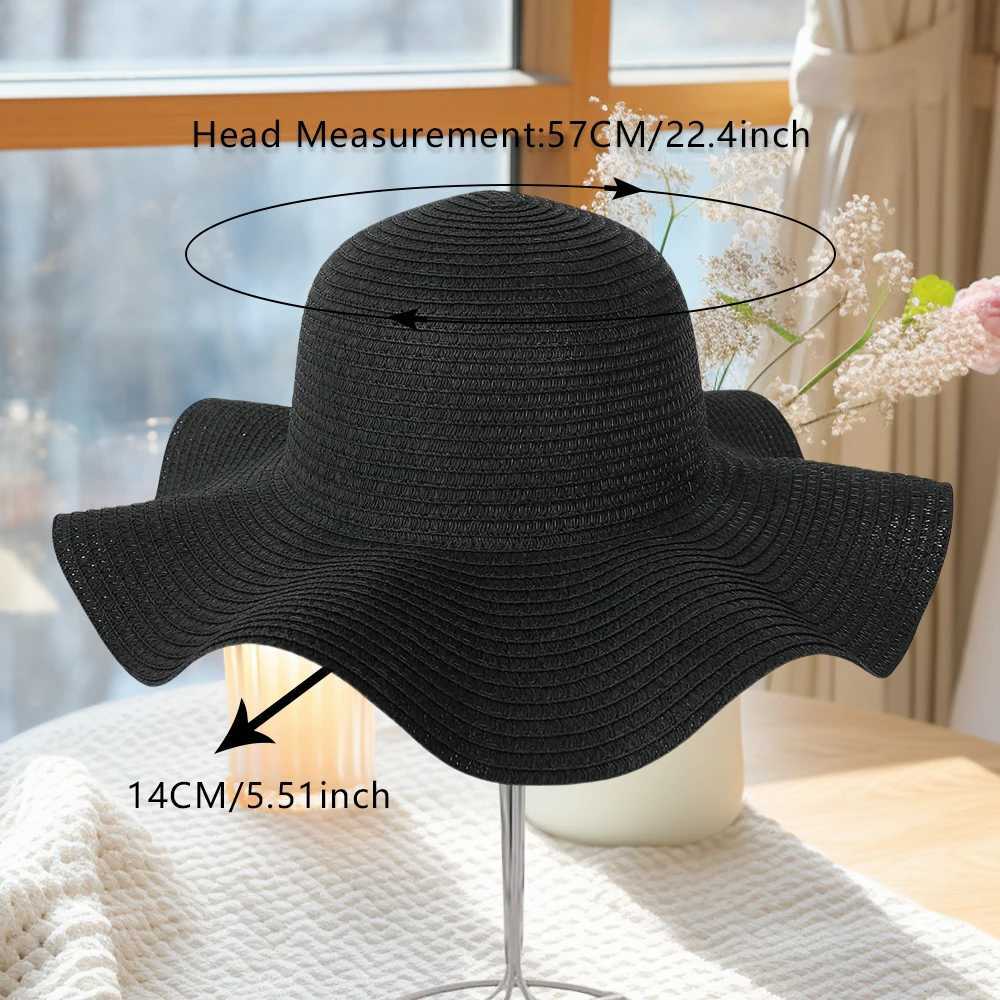 Summer Simple Solid Color Wave Edge Str Hat for Womens Outdoor Vacation Sunscreen Big Brimmed Sunshade HatXJ250304