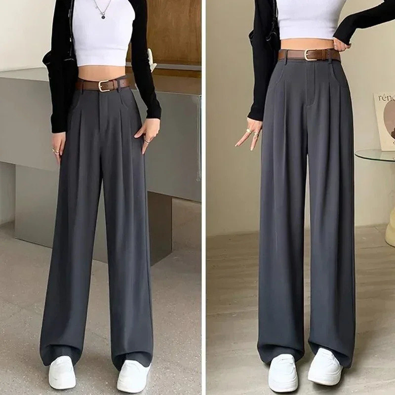 Women Fashion Suit Pants Lady Breathable Baggy High Waist Wide Leg Trousers Lady Straight Leg Gray Classic Office Long Pants 250303
