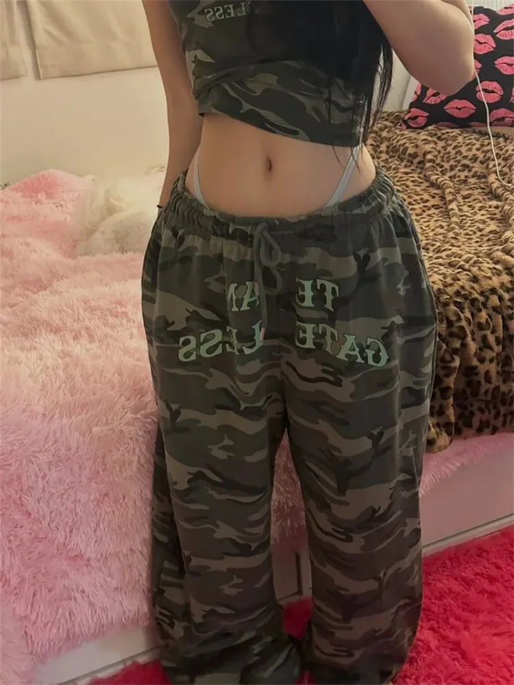 Deeptown Y2k Vintage Leopard Print Mid Waist Long Pants Women American Retro Streetwear Hip Hop Letter Print Loose Trousers 2025 250303