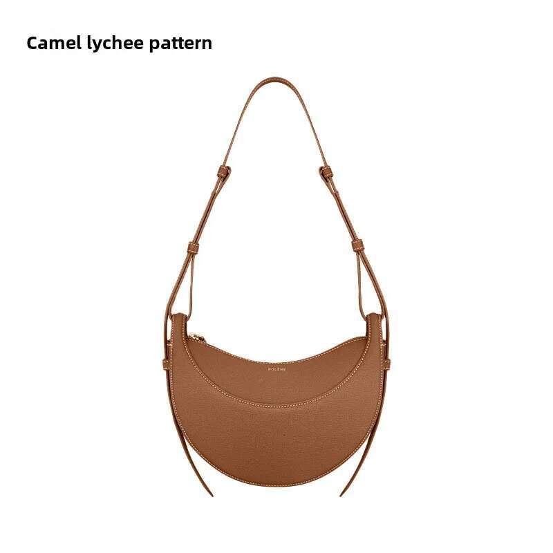 Exquisite Women's Crescent Shaped With Lychee Pattern Cowhide, Shoulder And Armpit Saddle Bag, Diagonal Cross Bag