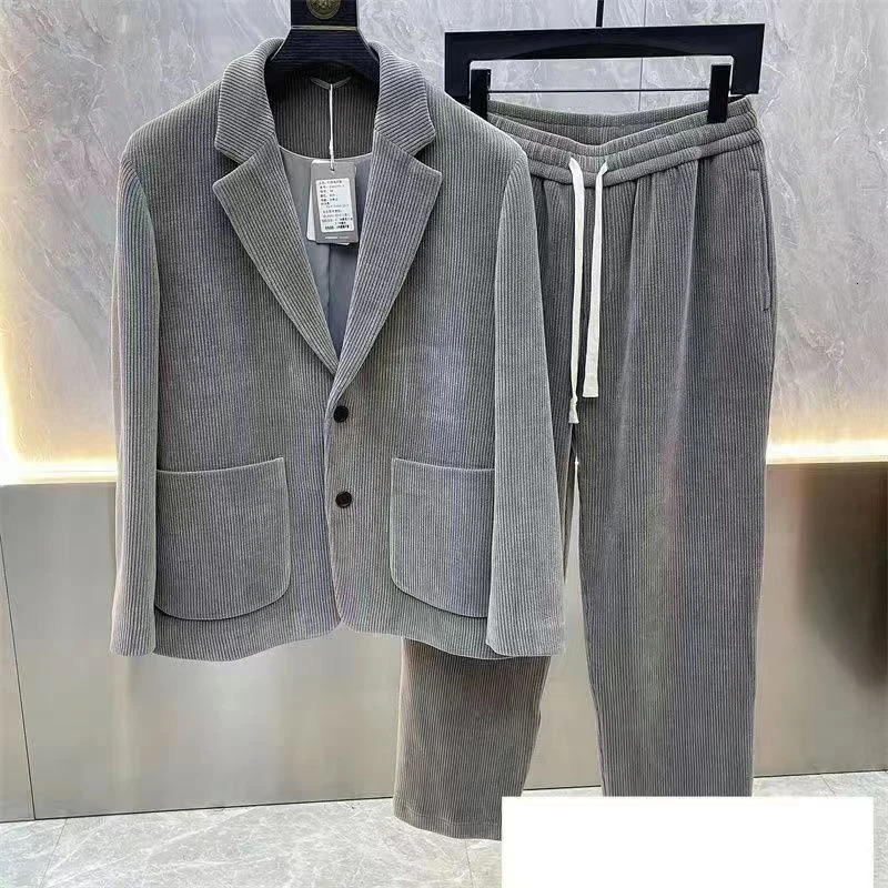 Mens springsummer long sleeved casual Korean slim fit twopiece solid creased jacket with lining set 250227
