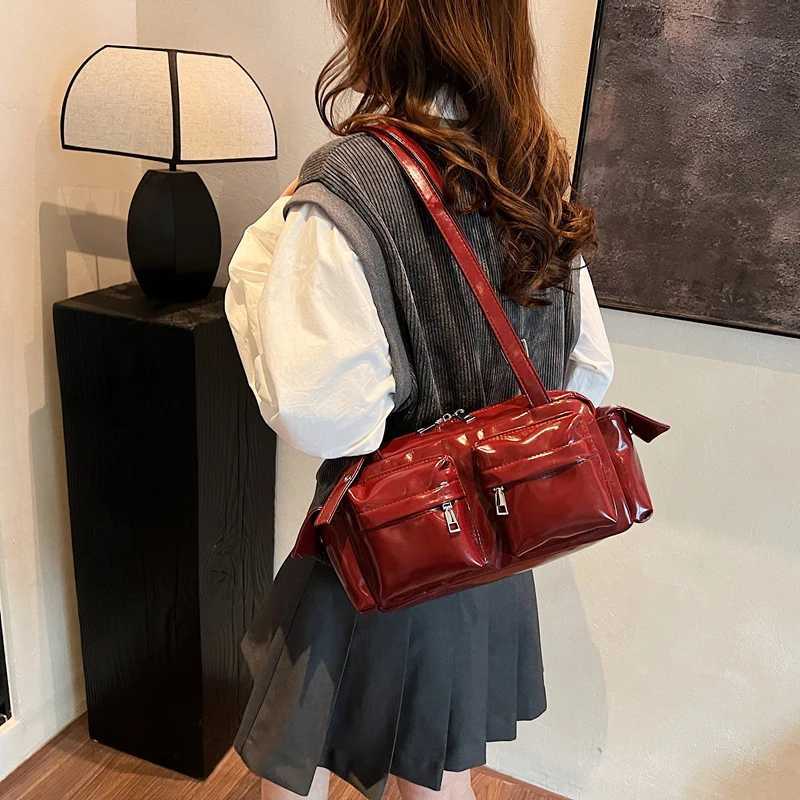 Brand Design Double Pocket Womens Underarm Bag 2025 Spring Ladies Cherry Red Shoulder Bag Y2k Girls Motorcycle Handbag Z250303