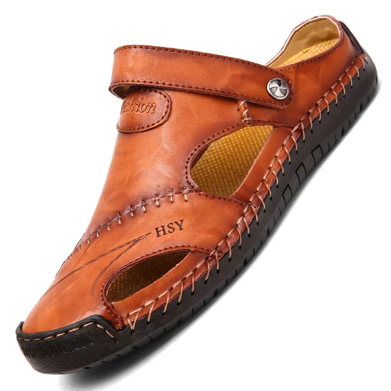 Outdoor Genuine Leather Mens Sandals Summer Non-slip Anti-collision Toe Beach Casual Shoes Walking Hiking Travel Shoes Men 250303