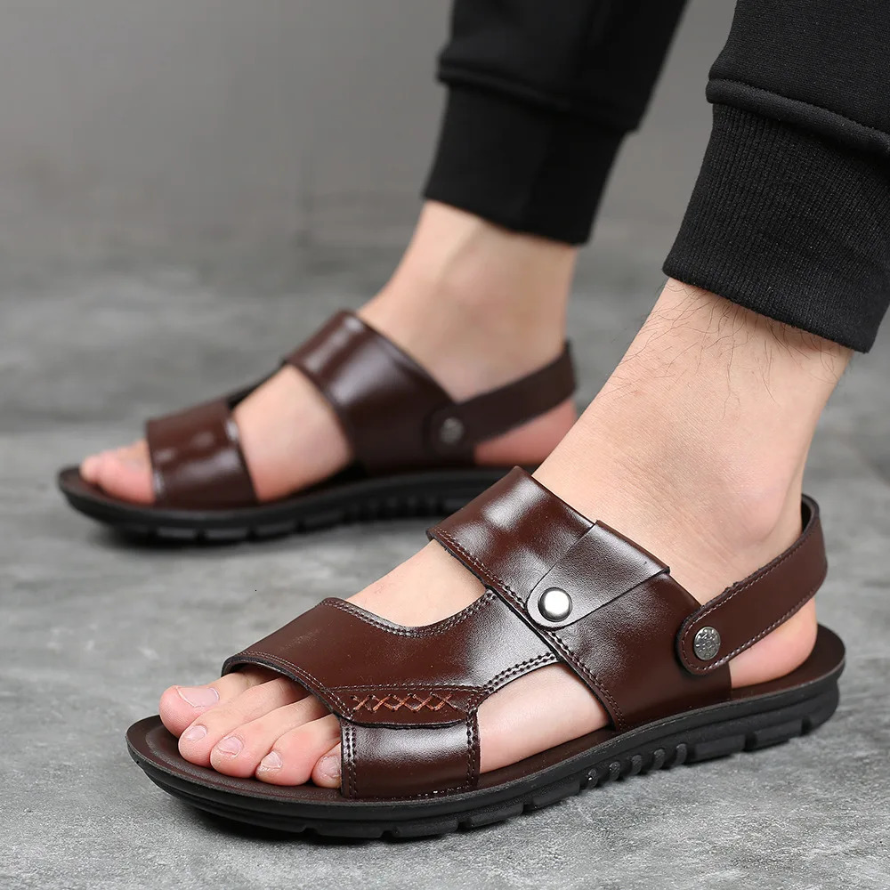 Retro Sewing Sandals Transfer Slipper Non-slip Genuine Cow Leather Shoes for Men Comfortable Casual Summer Fashion British Style 250303