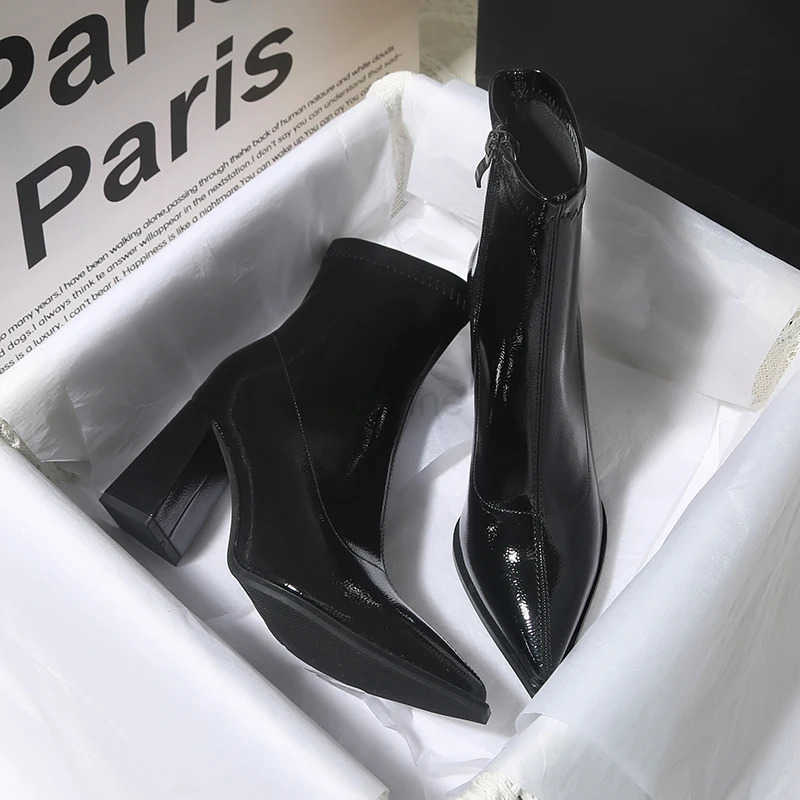 Winter Patent Leather Wen Ankle Boots Fion Pointed Toe Short Booties Square High H Party Pumps Shoes Z250304