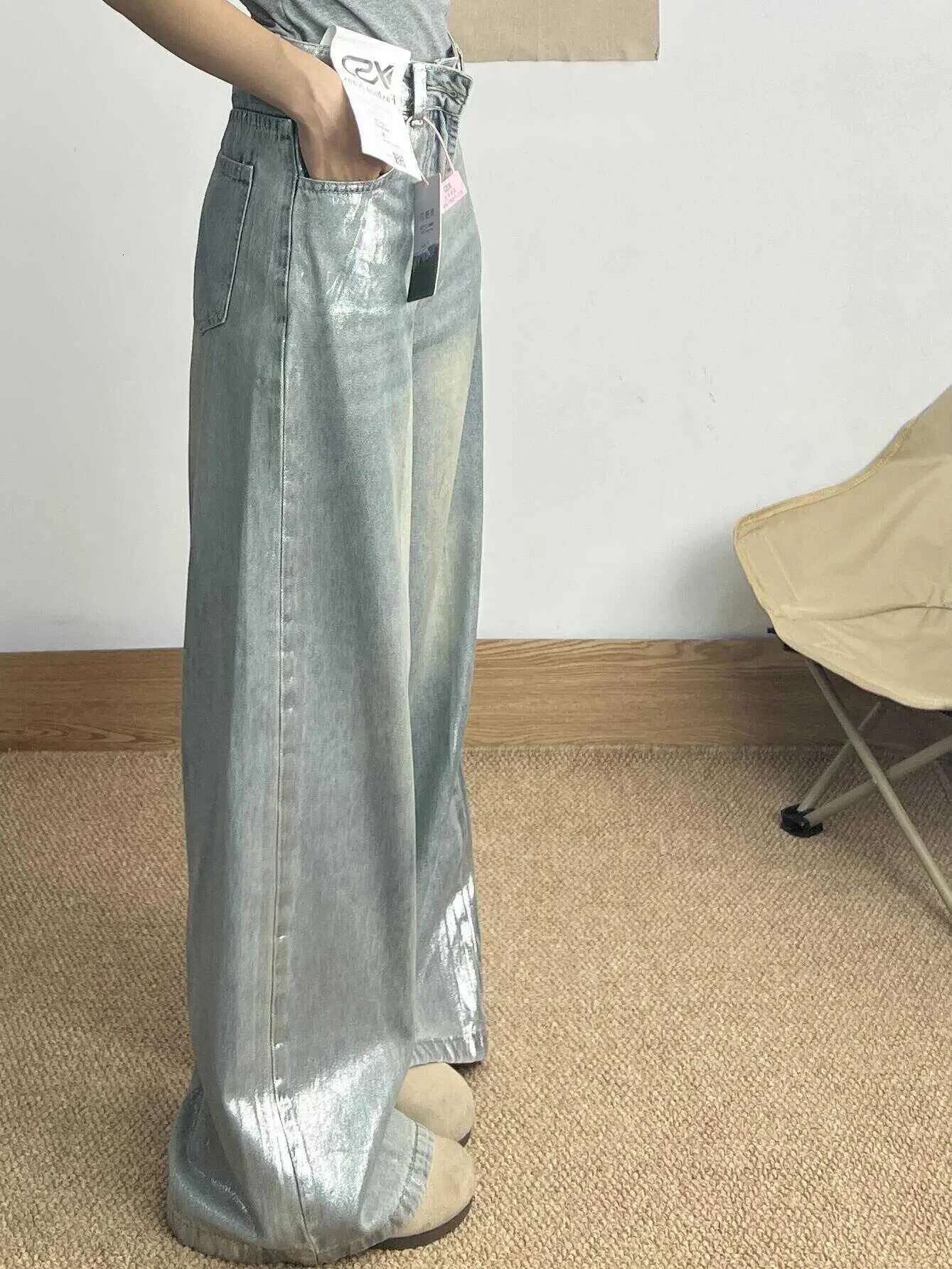 Grey Jeans Women 90S Vintage Personality High Waisted Straight Trouser Streetwear Casual Loose Girl Wide Leg Classic Denim Pants