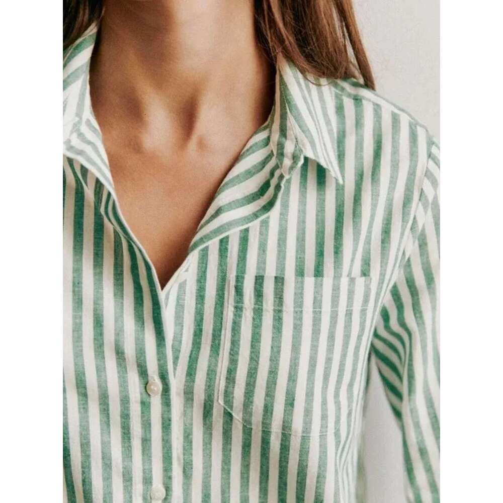 Ladies Cotton En Blend Striped Shirt Spring New Loose Casual Women Single-Breasted Long-Sleeved Classic Blouse