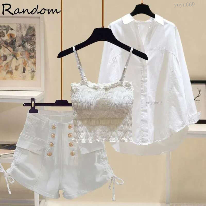 Sexy Women Summer Suit Streetwear Knitted Vest Cropwhite Shirt Blousedenim Shorts 3 Pieces Suit For Women Y2k Outfits Set 2