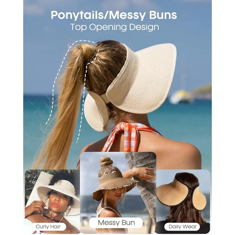 FURTALK Sun Visor Hats for Women Wide Brim Straw Ponytail Summer Beach Hat UV UPF Packable Foldable Travel 250227