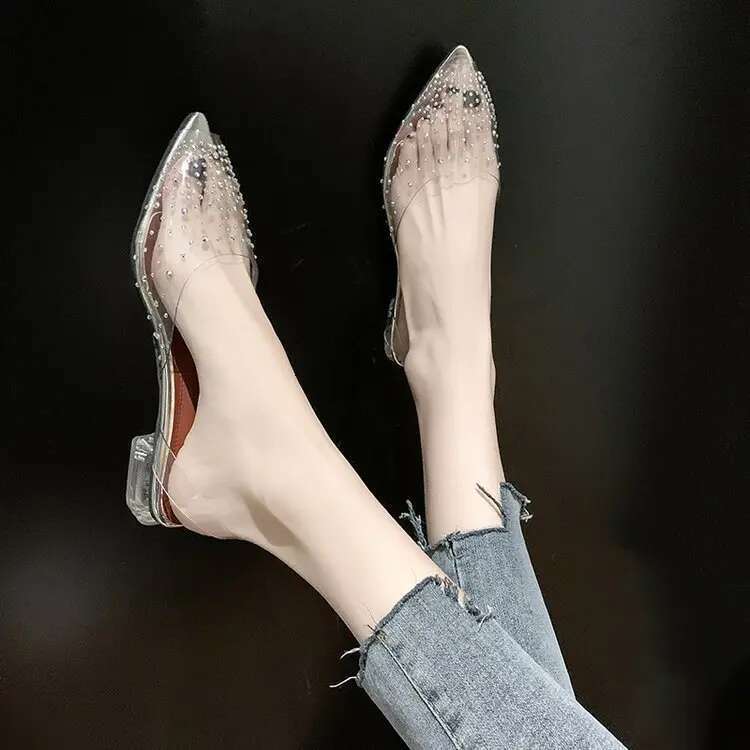 Sandals PVC Transparent Crystal Mid Heels Pumps Rhie Pointed Toe Women Bridesmaid Wedding Shoescvb6