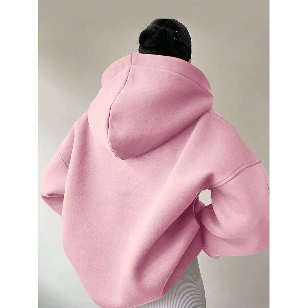New Autumn Winter Women's Sportswear Veet Hooded Casual Loose Solid Color Hoodies V Neck Long Sleeve Sweatshirt