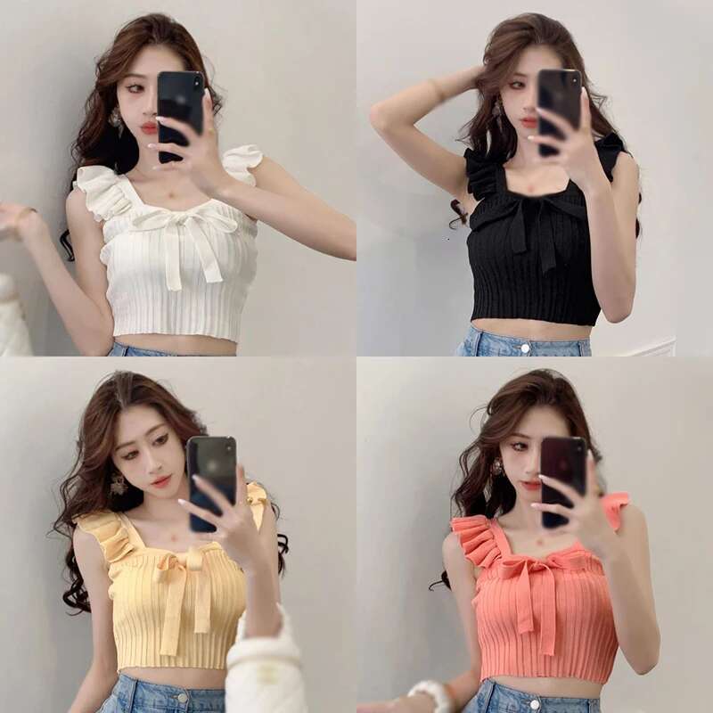 Version Square Korean Neck Bow Tie Slim Fitting With Fashionable Exposed Navel And Sweet Versatile Knitted Sleeveless Vest