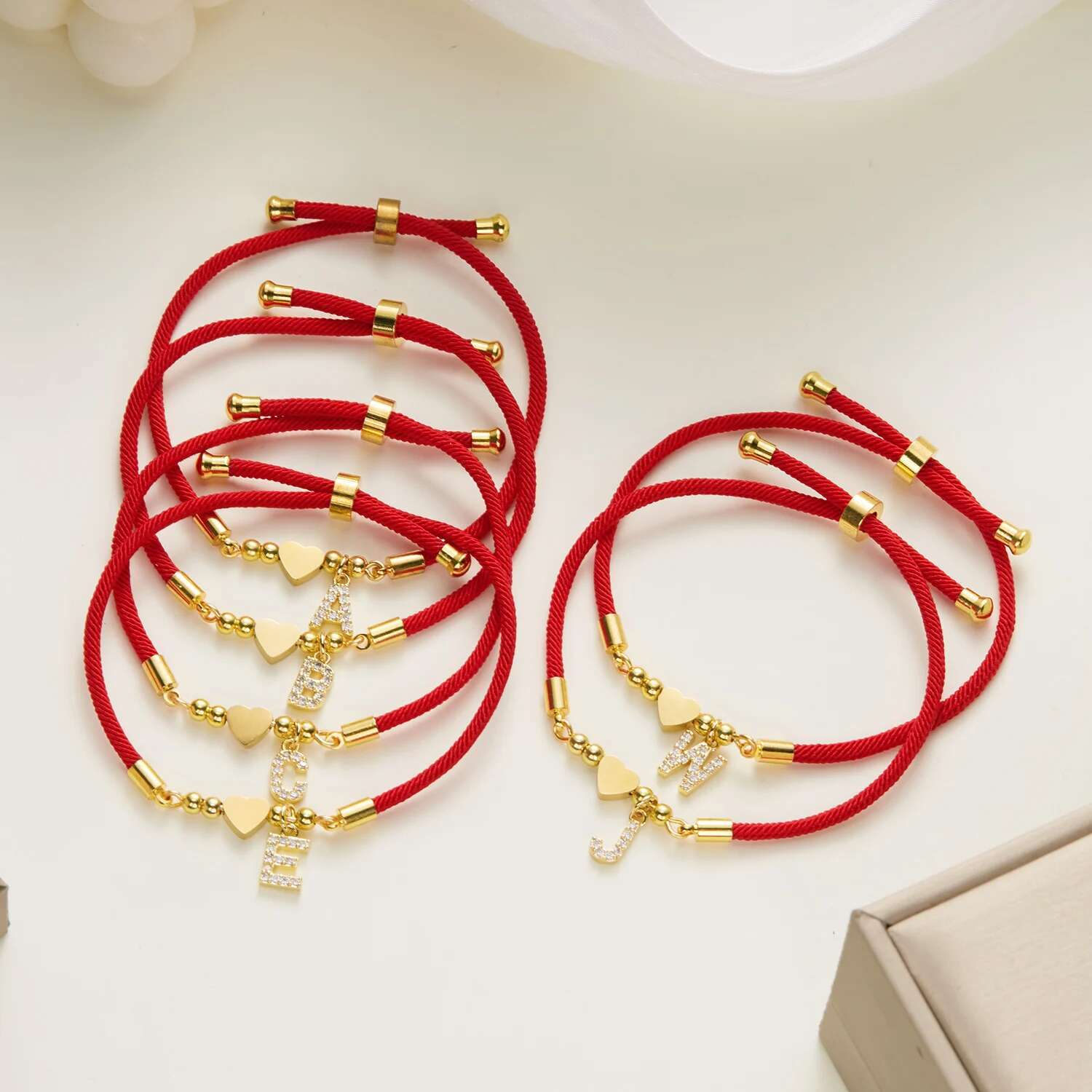 Stainless Steel Gold Color A-Z Heart Initial Letter for Women Lucky Red Adjustable Rope Bracelet Charm Jewelry Gift