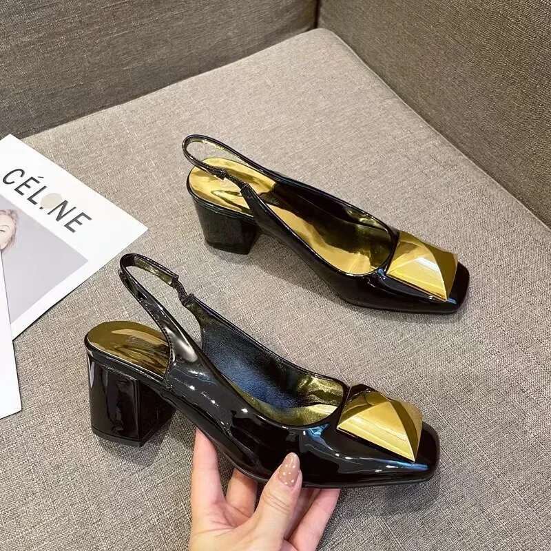 Summer New 2025 Metal Square Buckle Baotou Thick Heel Sandals Women Korean Shallow Mouth Slip-On Back Strap Sandalias De Mujer