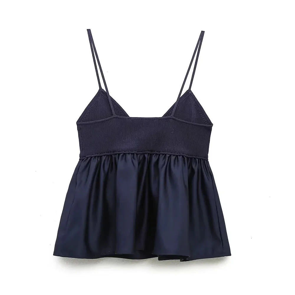 TRAF Blue Crop Top Womens Ruffle Knitted Camis Top Womens Shoulder Tight corset Top Womens No Back Tube Top 250228