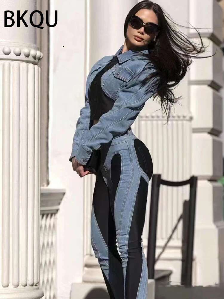 BKQU Jeans Women Pencil 2023 Fashion High Waist Contract Color Patchwork Split Long Denim Pants Elastic Skinny Trousers