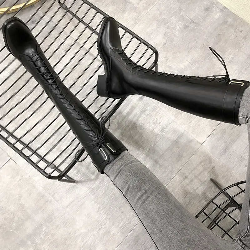 Lace-up Shoes for Wan Long Wens Boots Winter Knee High Shaft with Laces Biker Footwear Brown Large Size Warm S Quality Z250304