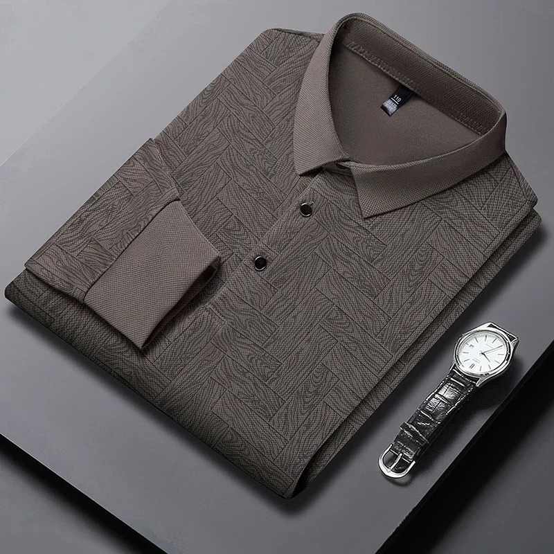 Mens Business Casual Long Sleeved Shirt Solid Color Polo Shirt Fashionable Breathable Comfortable Versatile Top 250304