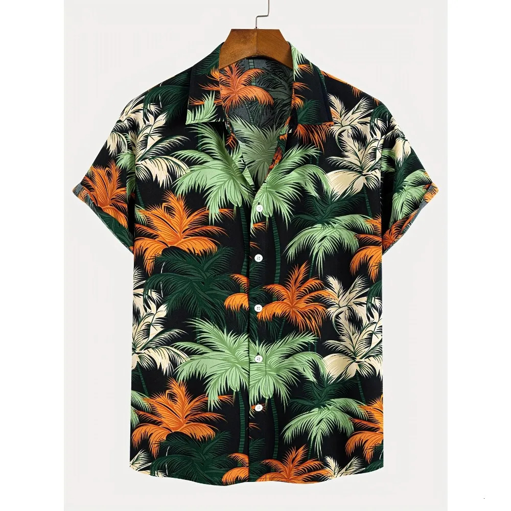 Tropical Coconut Tree Pattern Mens Short Sleeve Button Down Lapel Shirt for Summer Resort Holiday Hawaiian Style Oversized Tops 250227