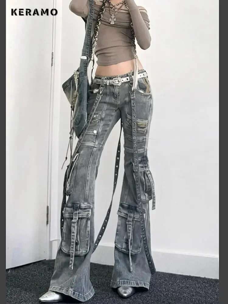 Women's Y2k Slim Fit Lace-Up Denim Trouser Washed Vintage Classic Emo Casual Pants Grunge Street Retro High Waist Pockets Jeans