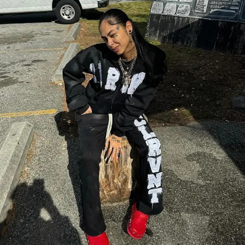 Y2K Sweatshirt Letter Patch Streetwear Hoodies Clothes EMO Hip Hop Graphic Punk Vintage Zip Up Hoodie Punk Gothic Trousers 250228