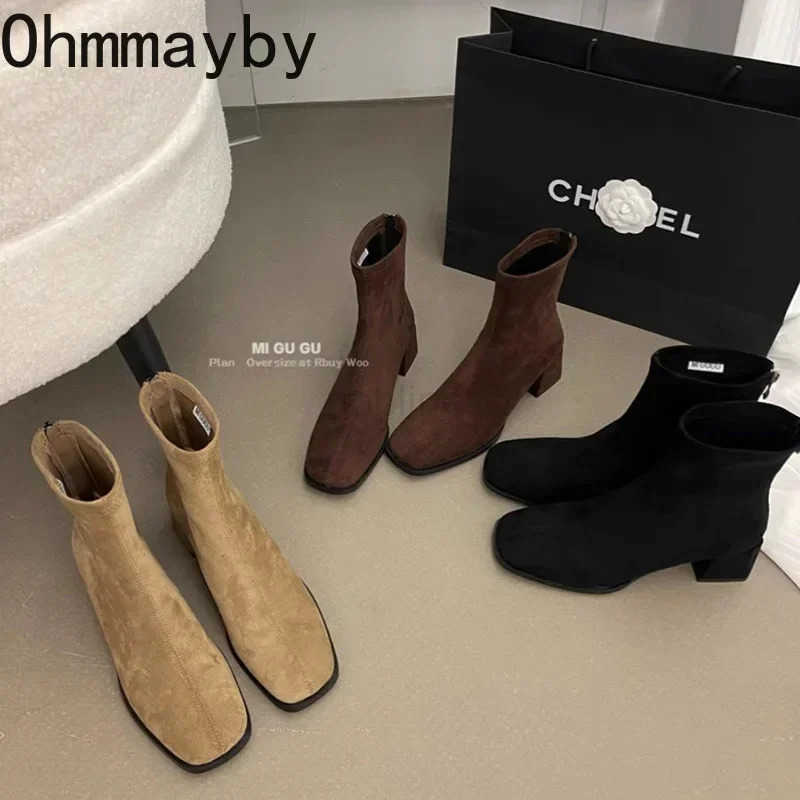 Autumn Winter Fleeces Wen Sock Ankle Boots Fion Square Heel Ladies Elegant Keep Warm Short Booties Wens Footwear Z250304
