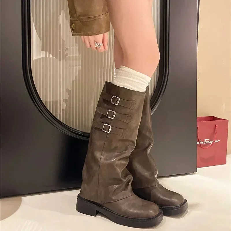 Winter New Wens Boots 2024 High Quality Fionable Round Toe Solid Color Buckle Mid-heeled Sle Wens High Boots Z250304