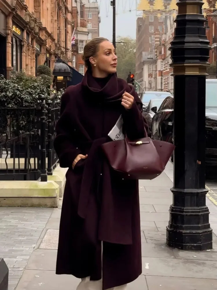 Fashion Burgundy Long Sleeve Scarf Collar Women Overcoat Elegant Solid Lace Up Loose Woolen Jacket 2024 Lady Chic Streetwear 250225