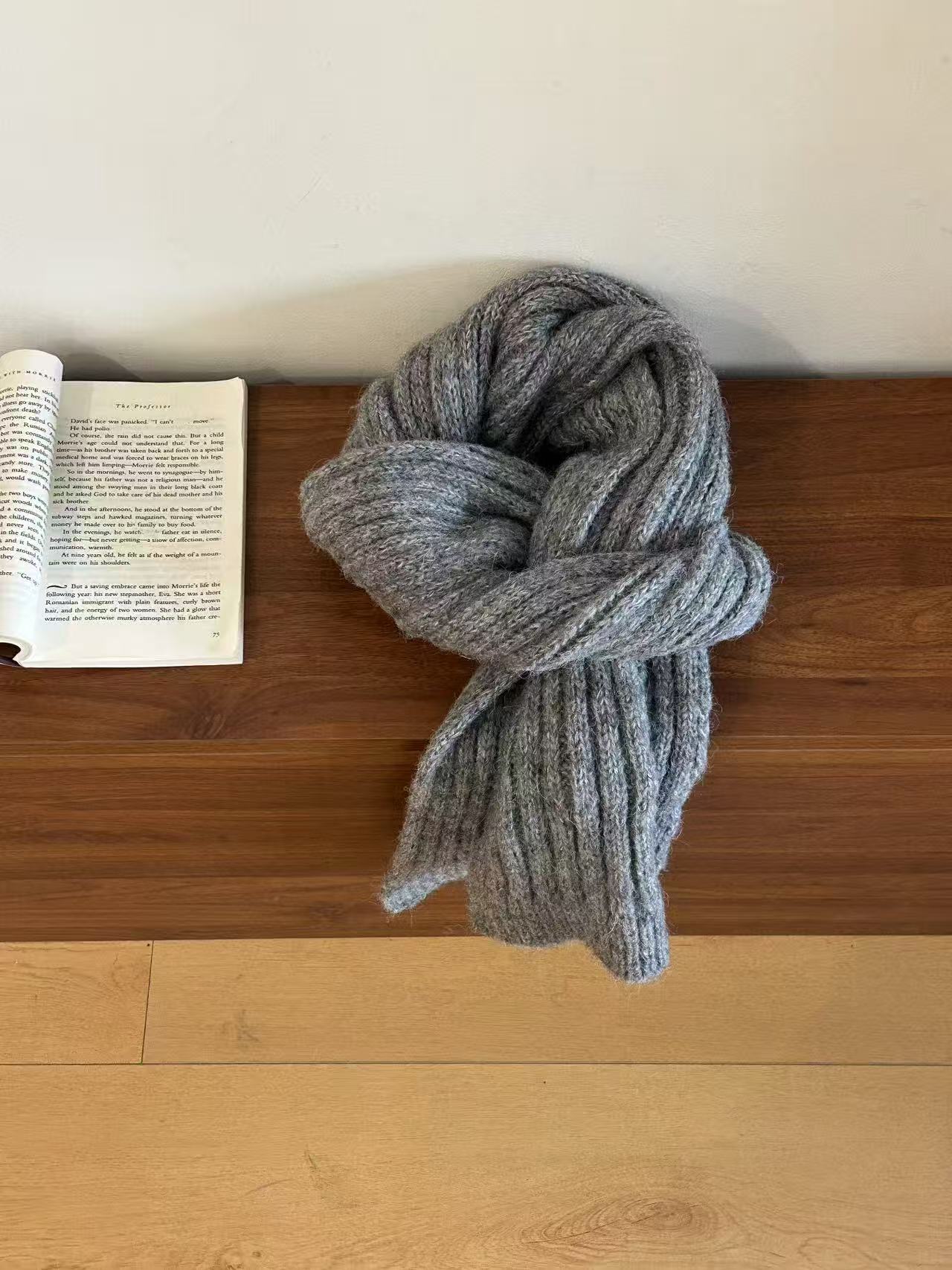 K041 Solid color wool blended gray knitted scarf for women winter thickened warm student couple woolen scarf