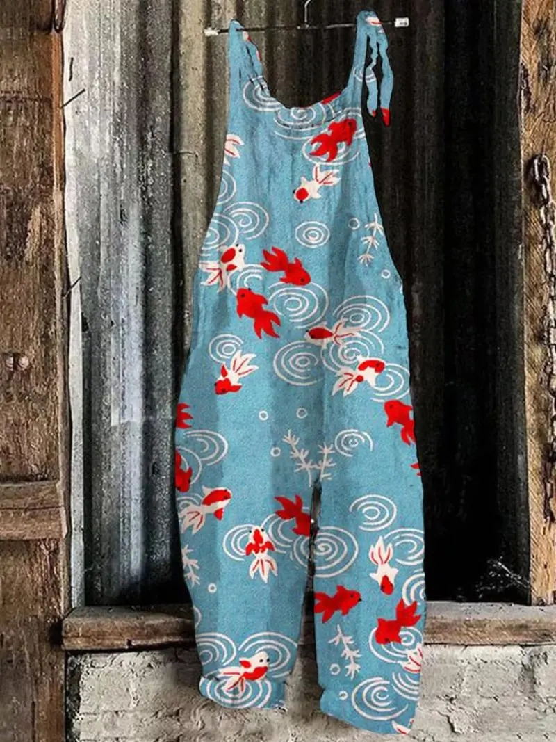 Womens Overalls Retro Japanese Art Octopus 3D Printing Casual Loose jumpsuit Fashion 250303