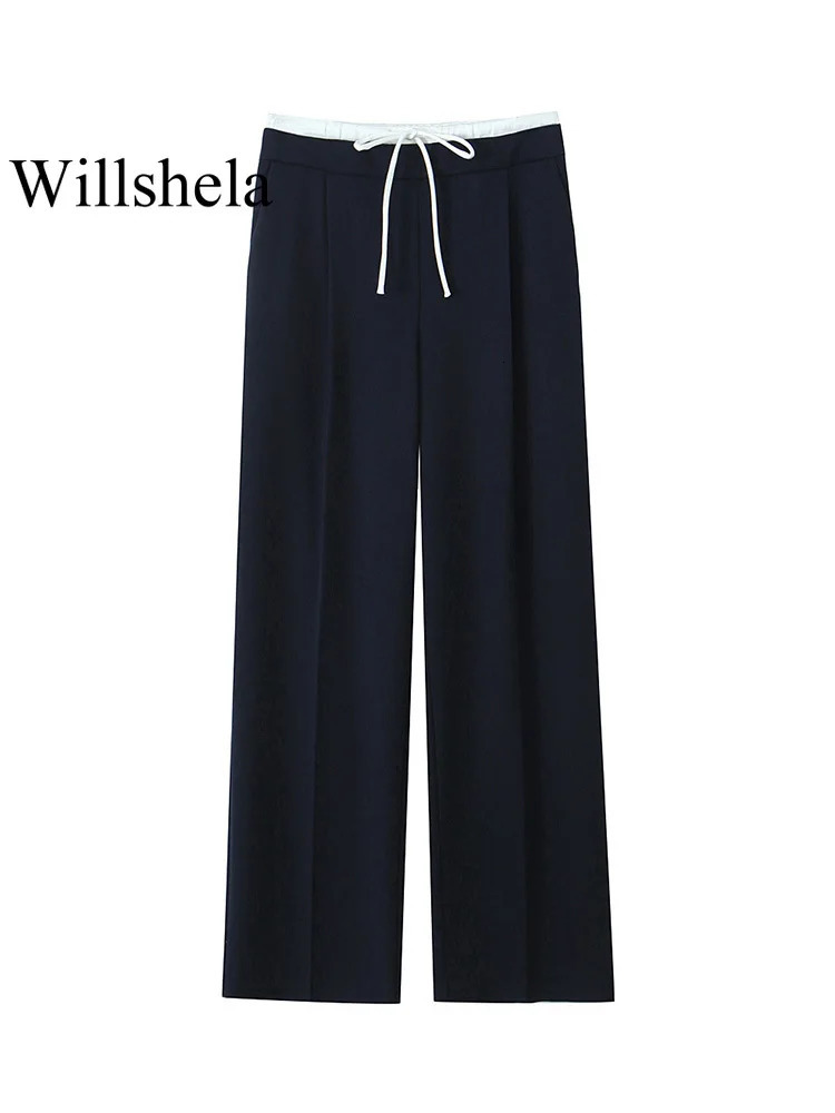 Willshela Women Fashion Solid Lace Up Side Zipper Straight Pants Vintage High Elastic Waist Female Chic Lady Trousers 250303
