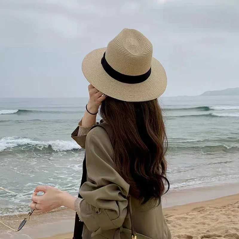 Large size 56-60cm new natural Panama Str hat mens wide brown beach UV protection Fedora sun hat wholesaleXJ250304